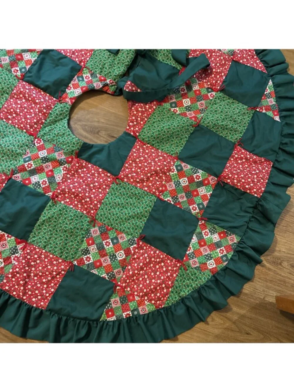 Homemade Christmas tree Quilted Skirt Green & Red With Ruffle